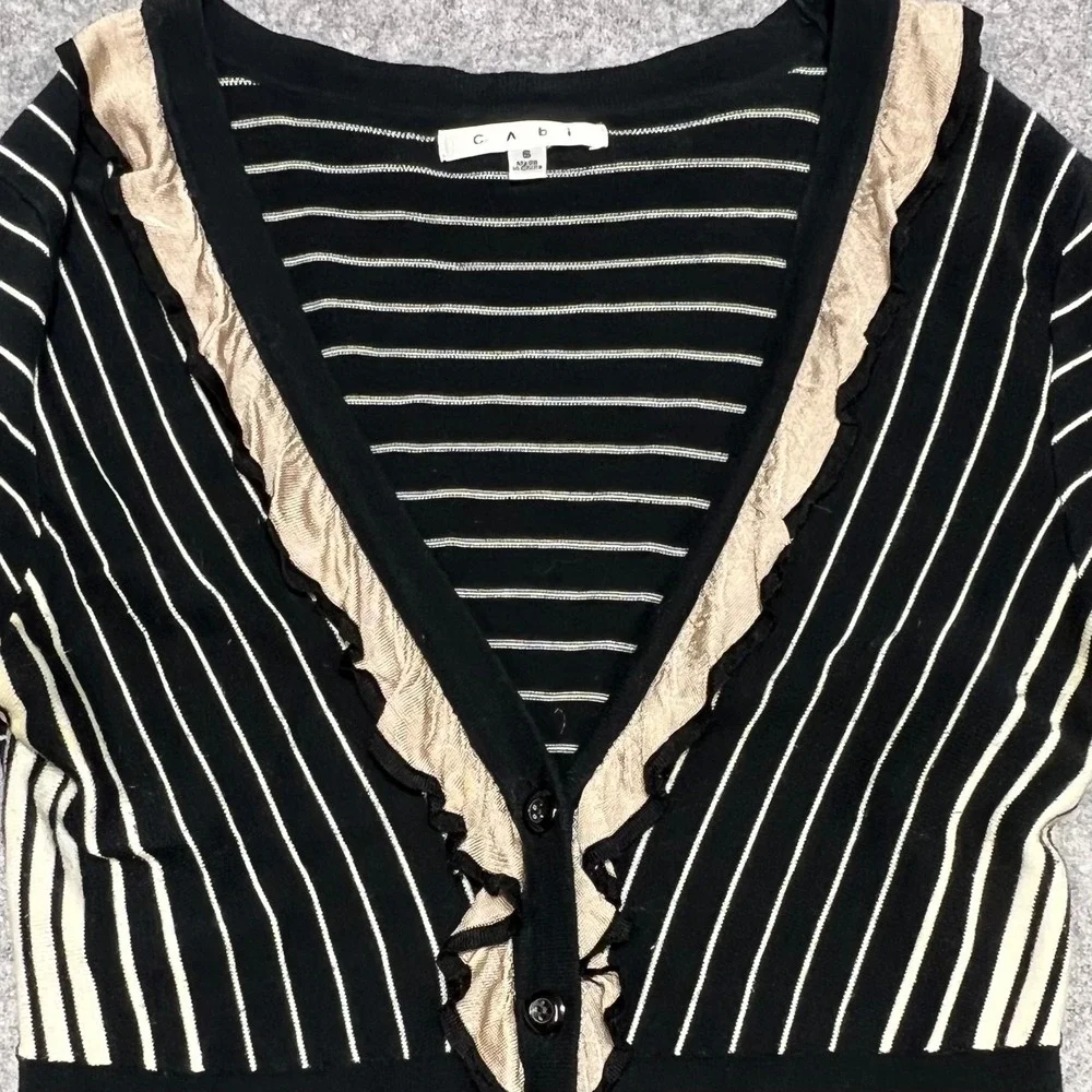 CAbi Flirt Striped Ruffle Cardigan Sweater Womens Small Black Cream 3/4 Sleeve